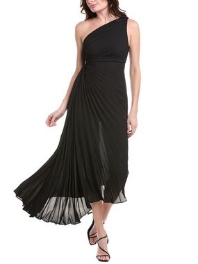 Nicole Miller Accordion Pleated One Shoulder Midi Dress Black